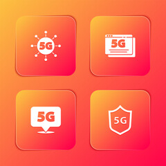 Sticker - Set 5G network, , Location and Protective shield icon. Vector