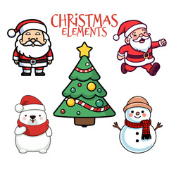 Wall Mural - Christmas Collection for Kids: Cute Santa Claus, Polar Bear, Snowman, and Christmas Tree in Flat Design - Transparent Background