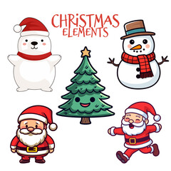 Wall Mural - Cute Christmas Collection for Kids in Flat Design: Santa Claus, Polar Bear, Snowman, and Christmas Tree - Transparent Background