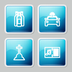 Poster - Set line Bottles of wine, Police car and flasher, Tombstone with cross and Music book note icon. Vector