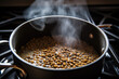 Lentils cooking in the pot on the stove