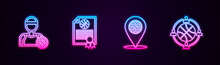 Set Line Basketball Player, Certificate Basketball Award, Location With And Planning Strategy. Glowing Neon Icon. Vector