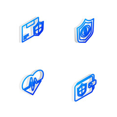 Sticker - Set Isometric line Shield with dollar, Delivery security shield, Health insurance and Wallet icon. Vector