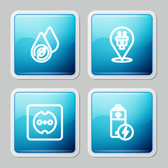 Poster - Set line Water energy, Electric plug, Electrical outlet and Battery icon. Vector