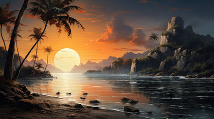 Wall Mural - drawing tropical beach on sunset sky background. summer and travel concept. generative ai.