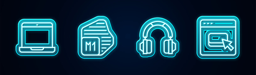 Poster - Set line Laptop, Processor, Headphones and Browser files. Glowing neon icon. Vector