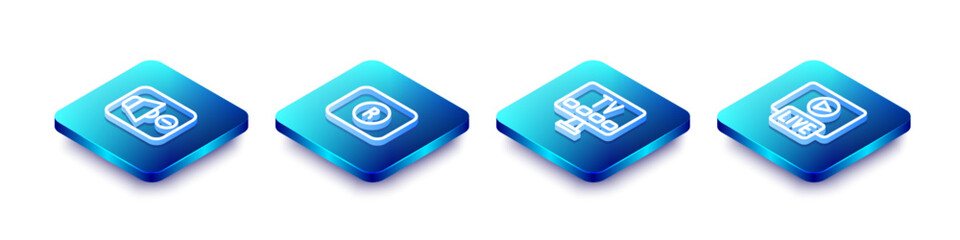 Poster - set isometric line speaker mute, record button, smart tv and live stream icon. vector
