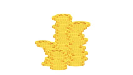 Wall Mural - Stacks of gold coins grow up animation. 2D finance video.