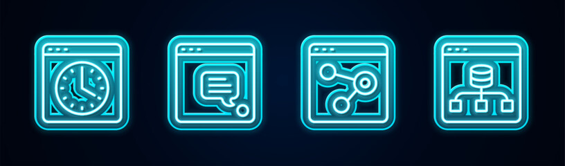 Poster - Set line Browser window, New chat messages notification, and Server, Data. Glowing neon icon. Vector