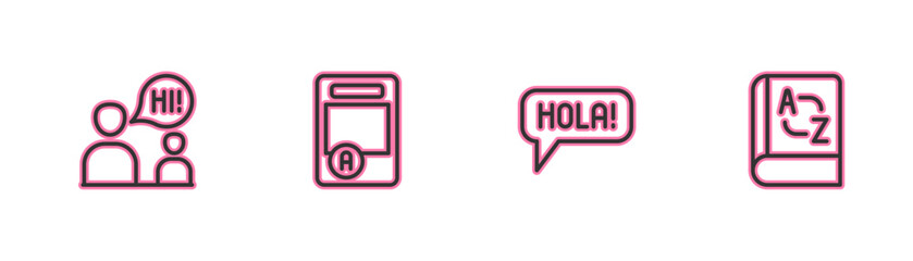 Poster - set line two sitting men talking, hola different languages, exam sheet with a plus grade and transla