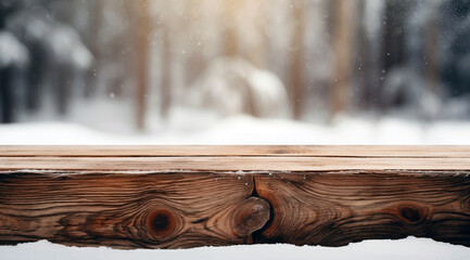 Aufkleber - Wooden table top on blurred winter forest background. Mock up for design. High quality photo