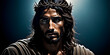 Portrait of Jesus Christ wearing the crown of thorns on black background.