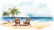 A watercolor illustration in clipart style with a beach