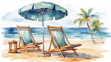 A Watercolor Illustration In Clipart Style With A Beach