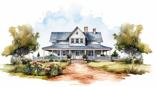 A Watercolor Illustration In Clipart Style With A House