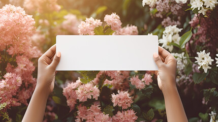 Wall Mural - Female hands holding a blank flyer on a Lilac flowers background. Banner layout for a flower shop.