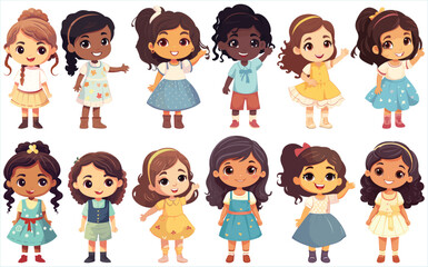 Wall Mural - Girls standing in different action characters set,  Set of Happy girl characters, Set of elements for creating girl character