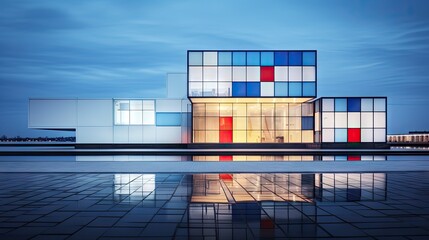  a multicolored building sitting on top of a tiled floor next to a building with a red, white, and blue window.