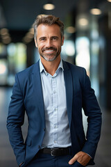 Portrait of a smiling businessman in a modern office.