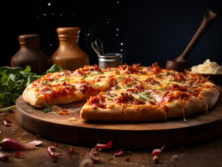 Wall Mural - 14-inch delicious pizza on wooden plate on bokeh background. 