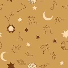 Wall Mural - Magic seamless pattern with constellations, sun, moon, magic eyes, clouds and stars. Mystical esoteric