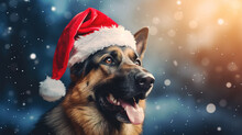 Cool Looking German Shepherd Dog Wearing Santa Hat Isolated On Blurred Bokeh Background.