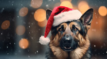 Cool Looking German Shepherd Dog Wearing Santa Hat Isolated On Snow And Blurred Bokeh Background.