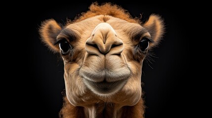 Poster -  a close up of a camel's face with hair blowing in the wind and looking at the camera with a black background.