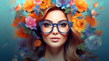 Wall Mural -  a painting of a woman wearing glasses with flowers in her hair and wearing a wreath of flowers on her head.