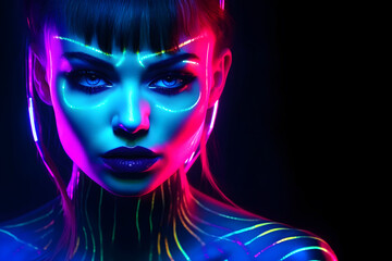 Wall Mural - Fashion Surreal Concept. Closeup portrait of stunning girl portrait with abstract, graphic highlighters rainbow ultra-bright neon lines . dynamic dramatic composition, advertisement, copy space