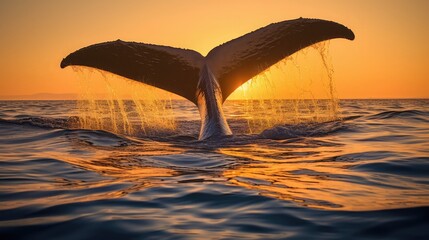 Southern Right Whale (Eubalaena australis) fluking at sunset