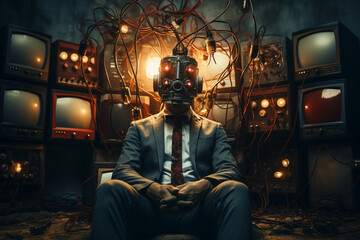 Thought provoking imagery depicting a man wired to electronics and TV, exploring the concept of media brainwashing. Ai generated