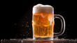 cold mug with beer, with overflowing foam, on wooden table and dark background wish space