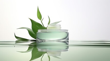 Aufkleber - Cosmetic display product podium with water reflection and nature leaves on white background. 3D rendering