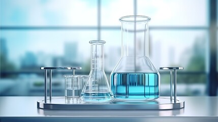 Wall Mural - Cosmetic podium display with glass flask and cylinder equipment in medical science lab background, 3d rendering