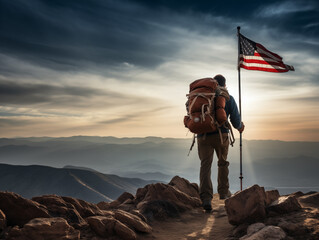 Wall Mural - Backpacker heading to mountain top with a flag on top.Generative ai