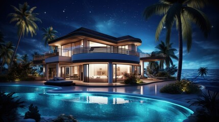 Poster - 3d rendering of modern cozy house with pool and parking for sale or rent in luxurious style by the sea or ocean. Starlight night by the azure coast with palm trees and flowers in tropical island