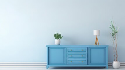 Wall Mural - Blue cabinet in an empty living room interior with white wall.3D rendering