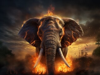 Canvas Print -  an elephant standing in the middle of a field with a lot of fire coming out of it's trunk.