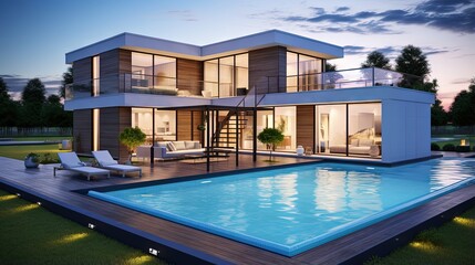 Poster - 3D rendering and plan of a beautiful modern house with swimming pool