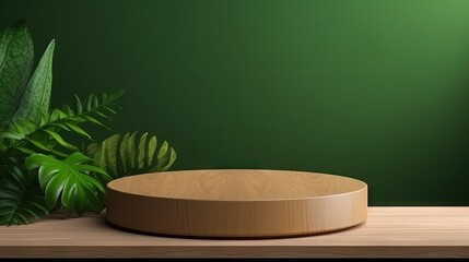 Poster - Wood podium presentation mock up for product presentation on green wall.3d rendering