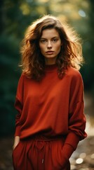 Wall Mural -  a woman with long red hair wearing a red sweater and sweatpants standing in a wooded area with trees in the background.