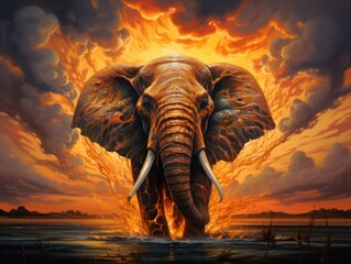 Sticker -  a painting of an elephant standing in a body of water in front of an orange sky with clouds in the background.