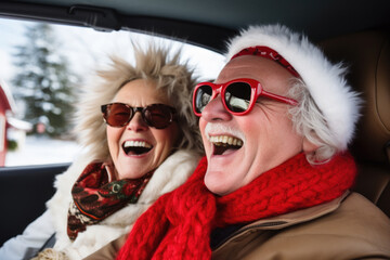 Wall Mural - Laughing crazy senior couple in sunglasses traveling in car.