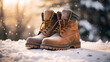 warm winter boots stand on the snow. ai generative