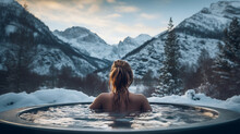 Beautiful Girl In A Warm Jacuzzi Against The Backdrop Of Winter Mountains. Ai Generative