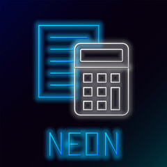 Sticker - Glowing neon line Calculator icon isolated on black background. Accounting symbol. Business calculations mathematics education and finance. Colorful outline concept. Vector