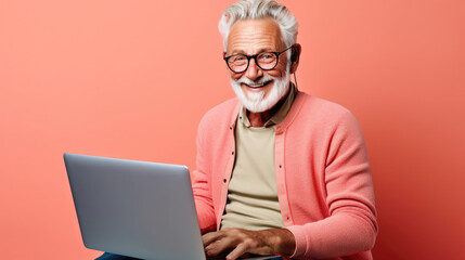 Wall Mural - Smiling cheerful smart senior man wearing casual teenage clothes using laptop computer pose looking at camera isolated color background