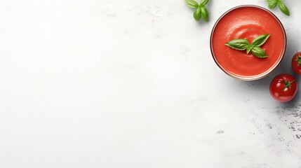 Poster - Gazpacho soup in bowl over light stone background with copy space. Cold tomato soup. Top view, flat lay