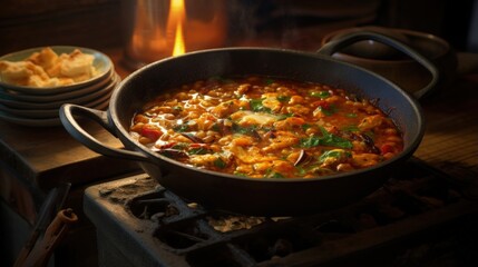 Poster - Ema Datshi Bhutanese Chili and Cheese Stew closeup in the pan on the table. horizontal